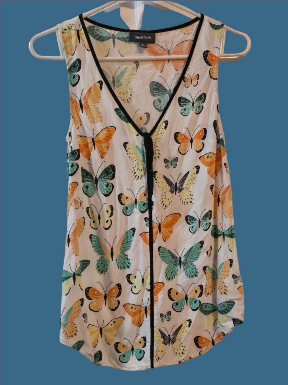 4/$67 Deal! ModCloth White Butterfly Print Sleeveless Blouse with Black Trim